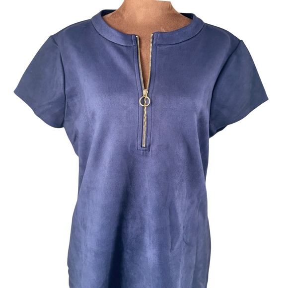 Kensie Faux Suede Shift Dress Women 14 Navy Blue Gold Zipper Front Pockets NWT - Picture 2 of 11